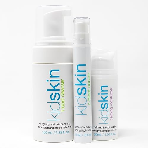 Three-Step Acne Treatment, Includes T-Blast Face Wash, Z-Blast Serum, And Calming Face Moisturizer For Oily Skin, Complete Skin Care Set For Kids And Pre-Teens, Pack Of 3 - Kidskin #TOP1