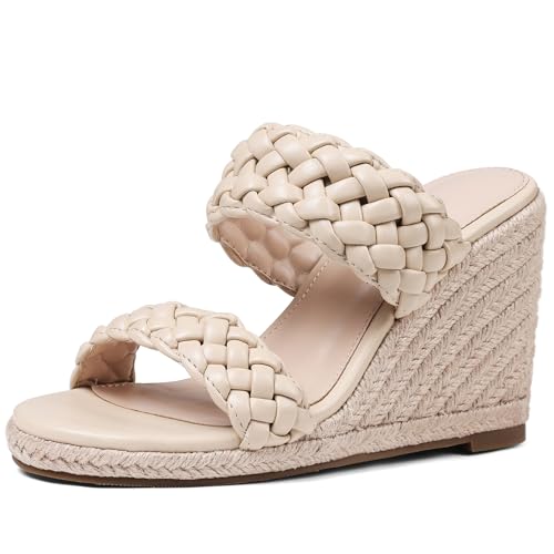 mikarka Slip On Wedge Sandals for Women: Open Toe Comfortable Espadrilles Wedges - Braided Straps Dressy High Heel Summer Beach Sandals Resort Platform Slides Mules
