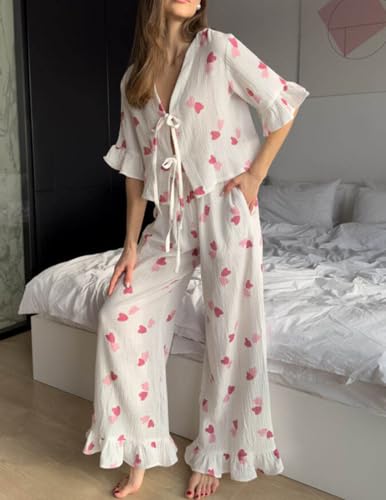 Womens Cotton Pajama Set Ruffle 2 Piece Tie Front Shirt and Long Pants Cute Printed Sleepwear2