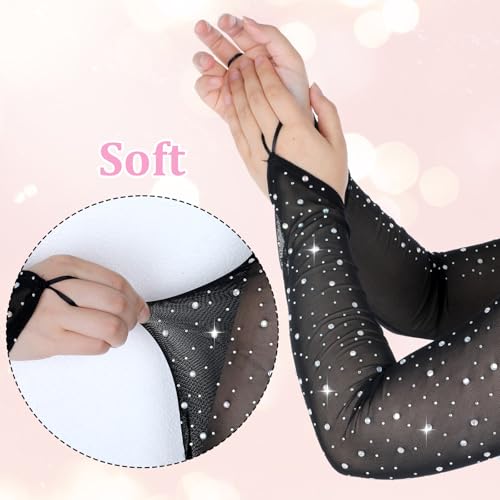 Fingerless Rhinestone Long Gloves, Sparkly Rhinestone Long Mesh Gloves Elbow Length Longs Tulle Mesh Glove3