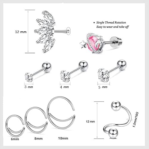 Dainty 19 Pcs Cartilage Earring, Whisper 14K Gold Plated Stud Earrings For Women Girls, Shiny Cz Forwards Helix Earring, Hoop Rook Daith Conch Tragus Earrings, Hypoallergenic Screw Back Earrings, Stainless Steel Piercing Jewelry Earring Set #TOP2