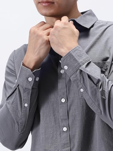 Image of Urbano Fashion Men's Cotton Full Sleeve Regular Fit Casual Solid Slub Shirt with Spread Collar