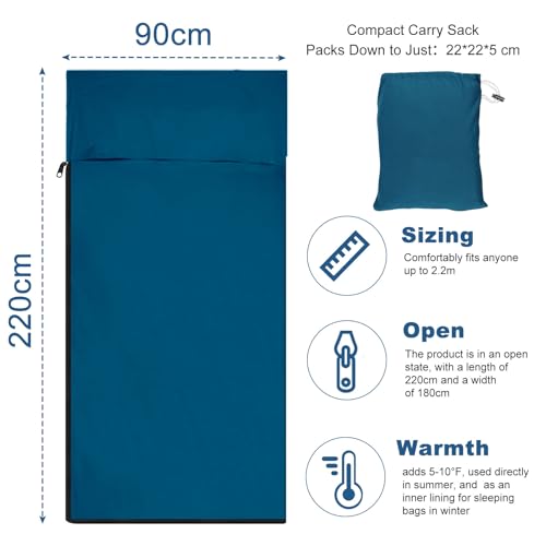 Hüttenschlafsack,Sommerschlafsack,Schlafsack Ultraleicht kleines Packmaß [220 x 90 cm], Outdoro Blau Sommer Reiseschlafsack,Hüttenschlafsäcke & Inletts