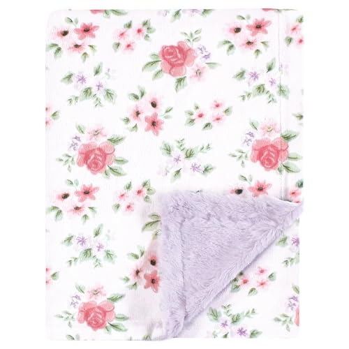 Image of Hudson Baby Infant Girl Plush Blanket with Furry Binding and Back, Vintage Floral, One Size