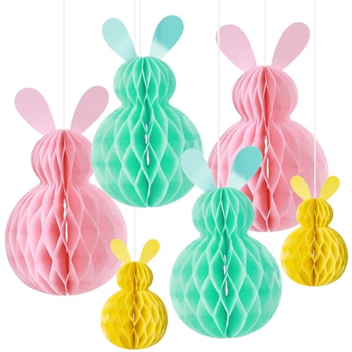 GWAWG 6 PCS Easter Bunny Decorations Rabbit Honeycomb Ball Pendant Decoration Honeycomb Paper Ball, Hanging Paper Ornaments Honeycomb Paper Ball, Spring Easter Decorations Set for Home Party