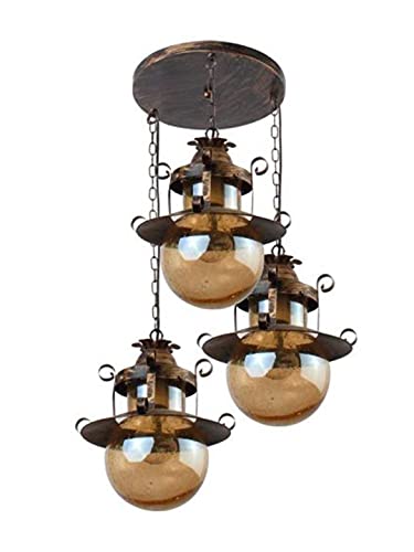 Image of GreyWings Antique Brass Triple Hanging Light for Ceiling, 3 Pendant Lamps for Home Decor, Metal & Glass Chandelier, Indoor Vintage Light, (Bulb Not Included) 3LP Set