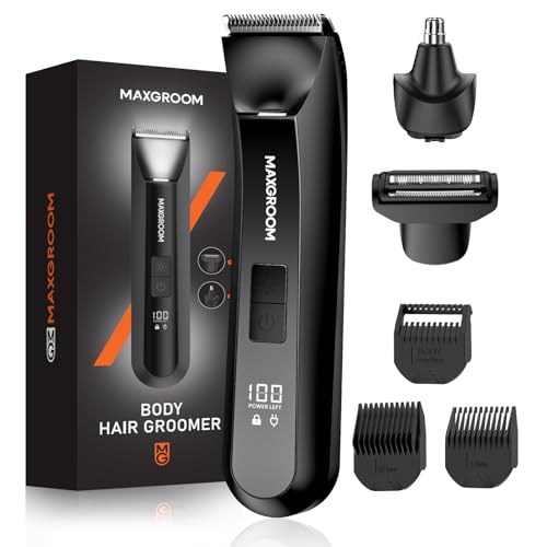 MAXGROOM Tondeuse Corps Homme 3 en 1, Tondeuse Intime et Barbe, Rasoir Électrique Multifonctionnel avec Tête Nez/Oreilles, Étanche IPX7, 120 Mins Autonomie,...