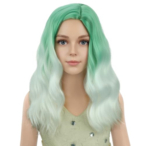 Image of PATTNIUM Girls Mint Green Ombre White Short Curly Wavy Wigs Side Part Shoulder Length Heat Resistant Synthetic Wig Halloween Cosplay Costume Party Wigs