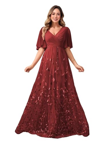 V Neck Mother of The Bride Dresses for Women Short Sleeve Long Sequin Formal Bridesmaid Dress Wedding