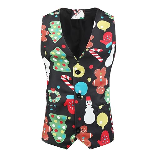 Mens Christmas 3-Piece Tuxedo Set Long Sleeve Prints Tux Jacket Vest Pants with Bow Tie Christmas Party Suits4