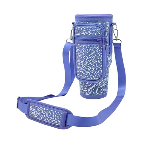 Bolsa para botellas de agua con diamantes de imitación, soporte para botellas de agua con aislamiento brillante, soporte para tazas de café con bolsillo para teléfono móvil, accesorio para botellas de