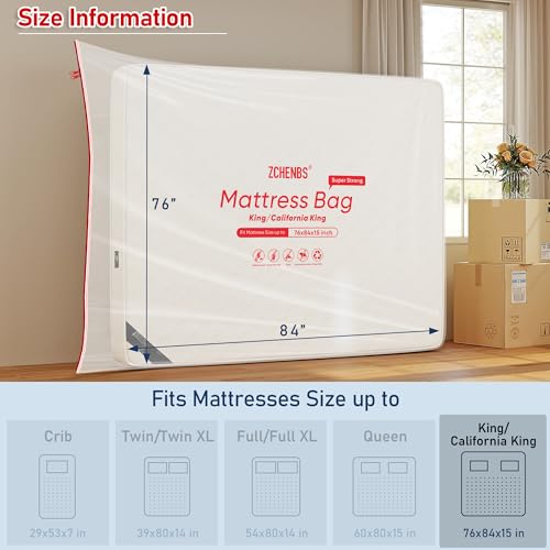 Image of ZCHENBS - King Mattress Bags for Moving, Waterproof Storage Bag with Zipper, Heavy-Duty 5 Mil Ultra-Thick California King Mattress Protector Cover for Moving, Reusable (Transparent /Red, 1 Pack)