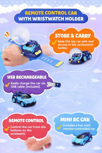 Image of Wrist Remote Controlled Mini Car Toy for Kids with USB Charging Cable - Rechargeable 2 Function Remote Watch -