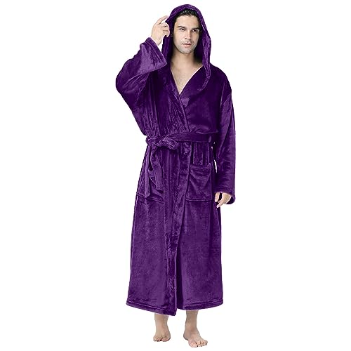 Mens Fleece Hooded Robe Plus Size Plush Flannel Warm Cozy Bathrobe with Belt Pocket Lightweight Winter Long Sleepwear2