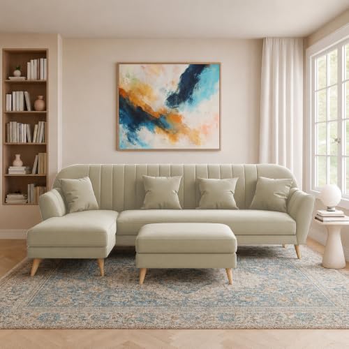 Image of Atticus LHS 6 Seater L Shape Sofa Set with Ottoman Living Room (Cream Colour Fabric) Premium Fabric Sofa Set for Living Room