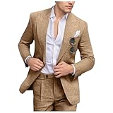Men's Suit 2 Piece Slim Fit Linen Suits for Men Khaki Grooms Wedding Casual Outfit Retro Peak Lapel Blazer Pants Set M