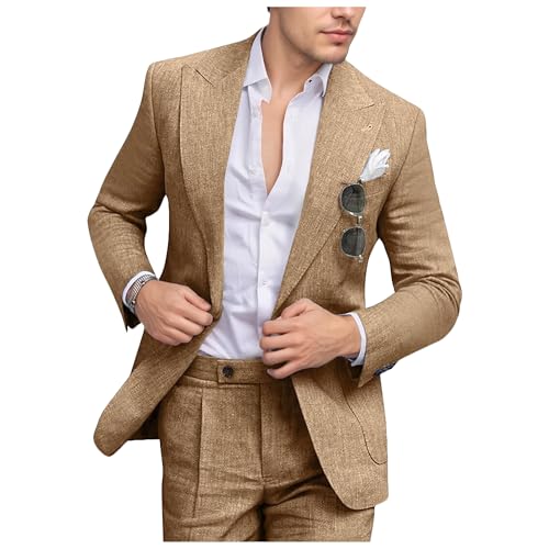 Men's Suit 2 Piece Slim Fit Linen Suits for Men Khaki Grooms Wedding Casual Outfit Retro Peak Lapel Blazer Pants Set M