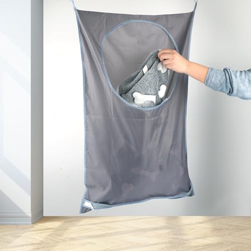 2 Stück Wäschesack zum Aufhängen, Wäschesäcke zum Aufhängen, Platzsparend Wäschebeutel Schmutzwäsche, Wäschekorb Hängend mit Edelstahl Türhaken, für Wandschränke, Türen, Wände(Grau) – Bild 7