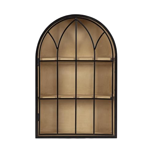 Kate and Laurel Megara Decorative Wooden Hanging Arched Wall Cabinet with Door for Open Storage; 16 x 6 x 24; Black and Natural Wood; Wooden Floating Wall Bathroom Cabinet for Above Toilet Storage by Kate and Laurel - Image 4