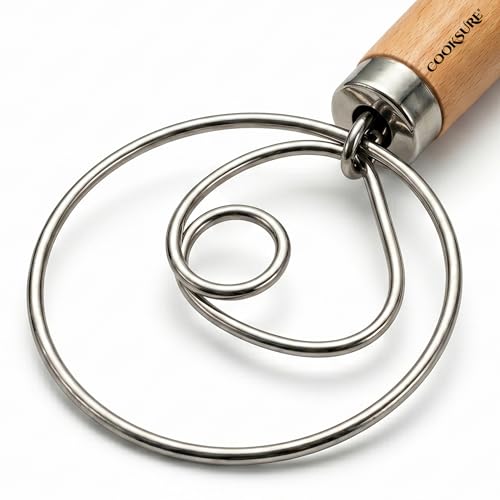 COOKSURE Danish Dough Whisk for Sourdough Bread – 13 Inch Bread Whisk with Wooden Handle – 304 Stainless Steel Hook for Heavy Dough Baking, Swedish Dough Whisk Tool