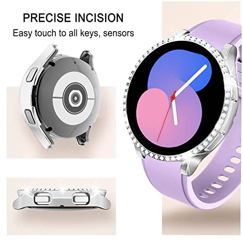 DEALELE [2-PACK] Case Compatible with Samsung Galaxy Watch FE / 5/4 40mm, Bling Single-Row Diamond PC Protective Case Replacement Watch Cover Bumper (40mm, Silver+ Transparent)
