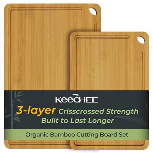 Image of Keechee Natural Bamboo Cutting Board Set of 2, Wood Chopping Blocks | Deep juice grooves, built-in handles, versatile two piece set for meat, cheese and fruit