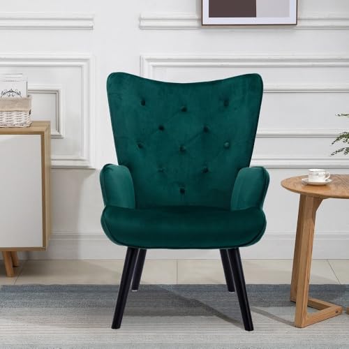 Image of Velvet Wingback Accent Chair for Living Room | Luxury High Back Tufted Armchair with Glossy Metal Legs | Modern Velvet Upholstered Lounge Chair for Home & Office | 1 Pc (Green)