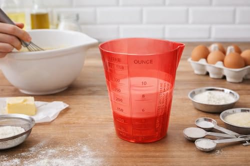 Image of 350 ml Plastic Measuring Glass for Kitchen | Multi-Scale Gram, Litre & Ounce Measuring Cup | Red Food-Grade Reusable Liquid & Rice Measuring Cup