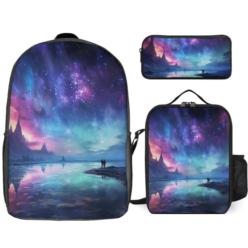 3 Piece Backpack for Women Men Lightweight Causal Daypack Shoulder Bag Set with Insulated Lunch Bag And Pencil Case Organizers Northern Lights