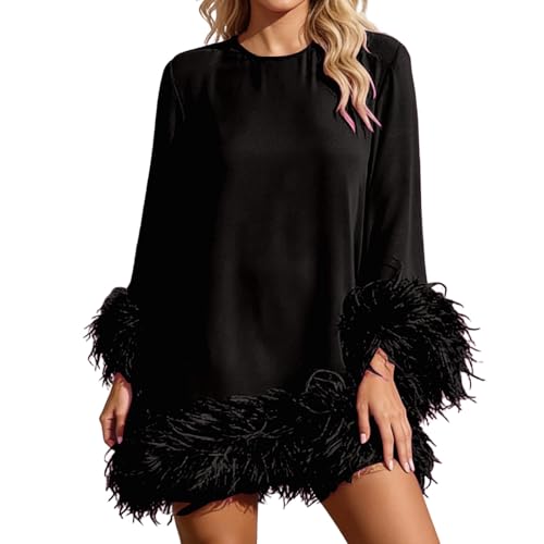 Robe midi élégante pour femme avec poignets à plumes et ourlet - Col rond - Robe de soirée à manches longues - Couleur unie - Robe de cocktail pour les...