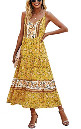 Image of Angashion Women's Dresses Floral Adjustable Spaghetti Strap V Neck Boho Long Maxi Dress Summer Beach Flowy Ethnic Sundress