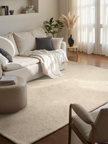 BT Carpet Wolly Teppich Wohnzimmerteppich Flachgewebe Kurzflor Woll-Optik Wolle Skandi-Look Esszimmer Wohnzimmer Kinderzimmer Schlafzimmer Creme 200x300cm