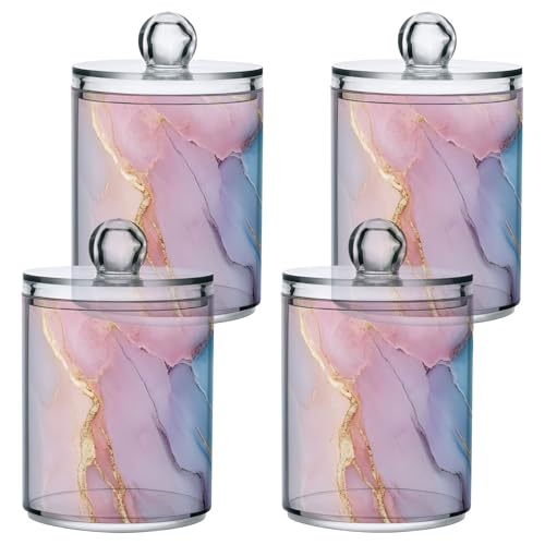 ALAZA 2 Pack Qtip Holder Dispenser for Cotton Ball Pink Marble Blue Gradient Gold Lines Cotton Swab Plastic Acrylic Jar Set Bathroom Canister