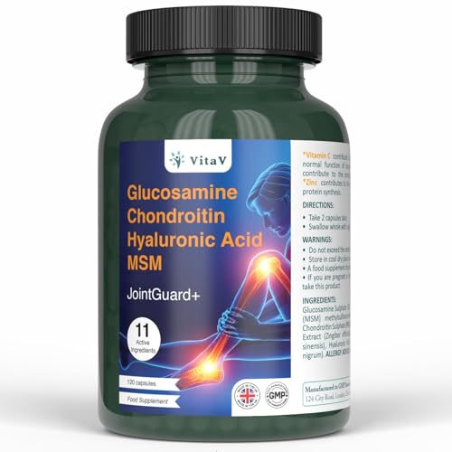 VitaV JointGaurd+ Glucosamine & Chondroitin High Strength with MSM & Hyaluronic Acid | Joint Care Supplements for Women & Men with Turmeric, Black Pepper, Ginger, Vitamin C & Zinc | 120 Capsules