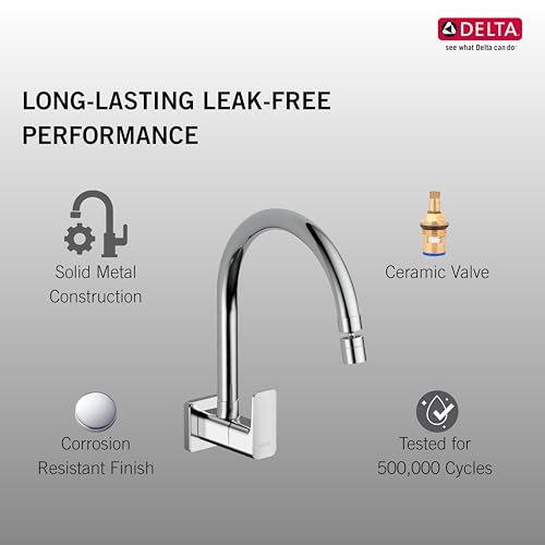 Image of Delta Faucet Wall Mount Cold Only Kitchen Faucet I 10 Year Warranty I Korby Single Handle Multi-Function Kitchen Sink Tap I 360 Swivel Spout I Durable Kitchen Tap I Chrome - 44405