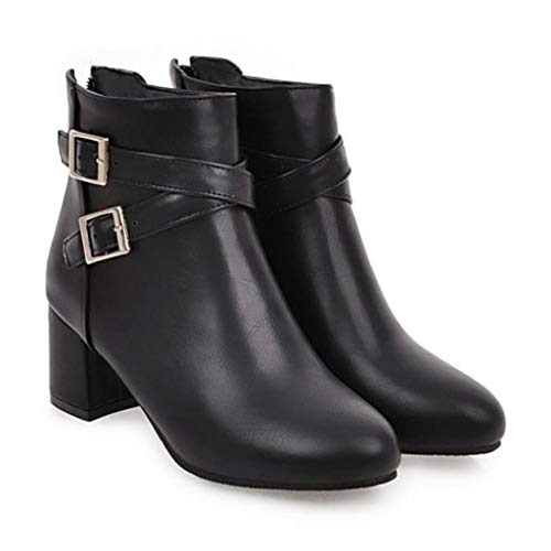 MIOKE Women's Round Toe Dressy Ankle Boots Trendy Buckle Zipper Chunky Mid Heel Chelsea Dressy Short Booties2