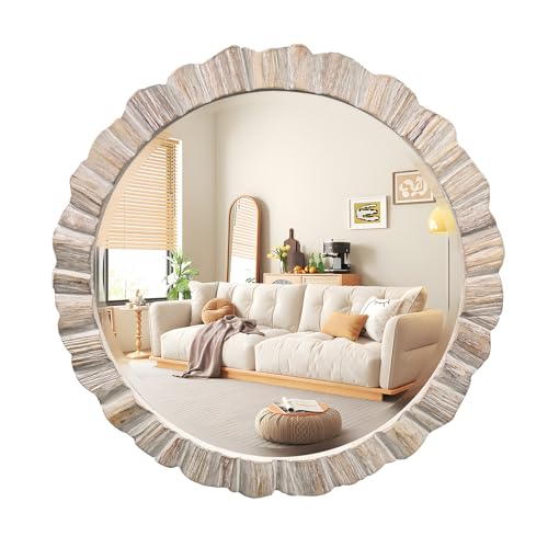 GIFTTROVE 35' Wood Round Mirror, Rustic Wall Mirror with Thick Frame, Large Round Mirrors for Wall Decor, Wooden Circle Beveled Mirrors for Entryway, Farmhouse, Washed White