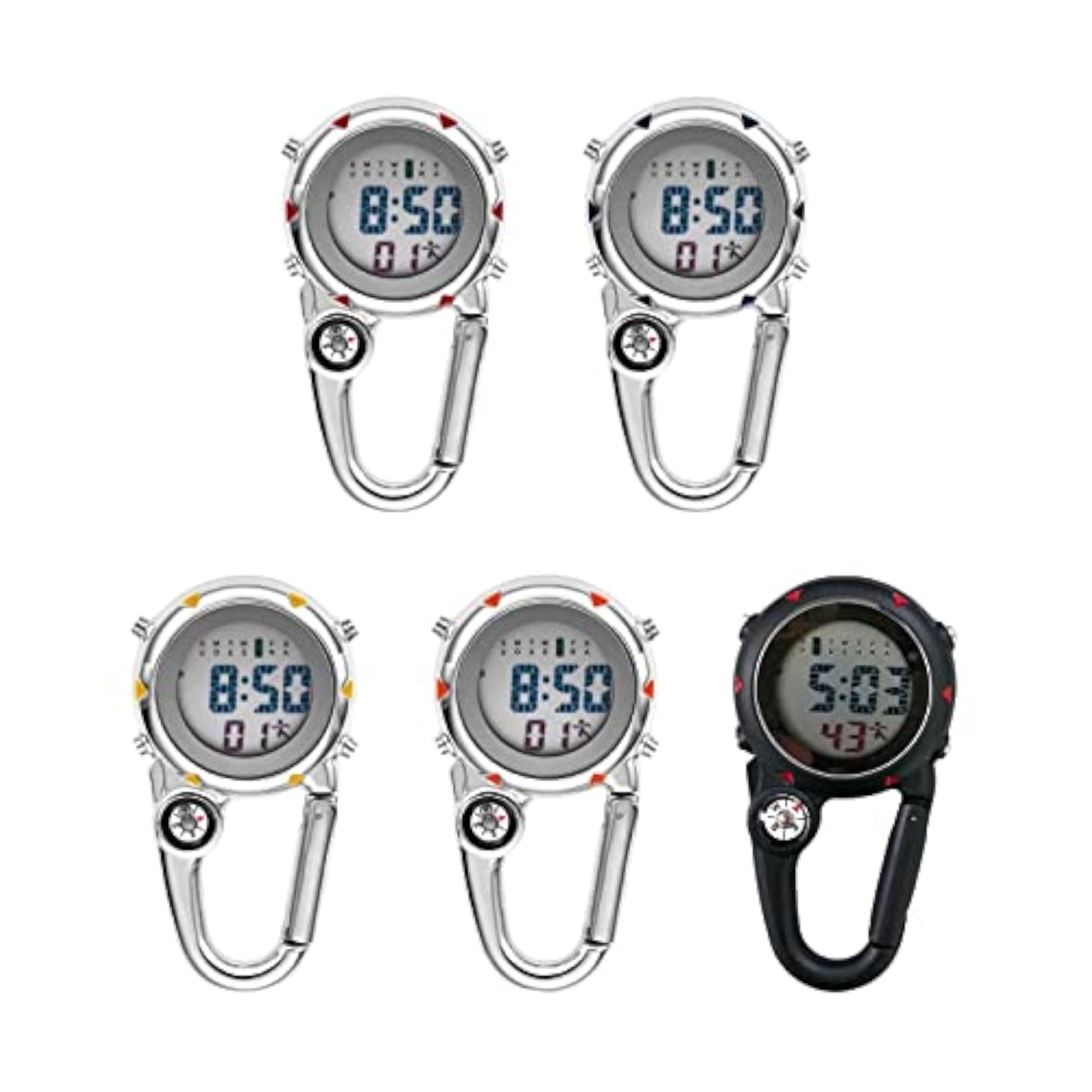 Digital Carabiner Clip-On Pocket Watch, Luminous Red Design
