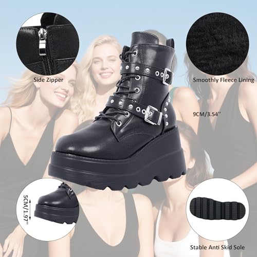 Image of Gothniero Platform Goth Ankle Boots for Womem Black Holographic Combat Chunky Heel Boots with Side Zip Lace Up Wedge Booties US5.5-11