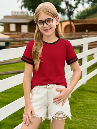 Image of Haloumoning Girls Short Sleeve T Shirts Kids Summer Crewneck Color Block Tops Fashion Tees 5-14 Years