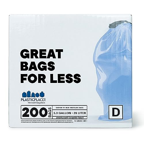 Plasticplace Custom Fit Trash Bags │ simplehuman (x) Code D Compatible (200 Count) │ Tinted Blue Drawstring Garbage Liners 5.2 Gallon / 20 Liter │ 15.75" x 28"