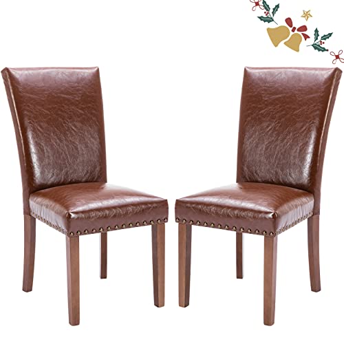 Image of COLAMY Parsons Dining Chairs Set of 2, Upholstered Nailhead PU Leather Dining Room Kitchen Side Chair with Thick Cushions and Wood Legs, Light Brown