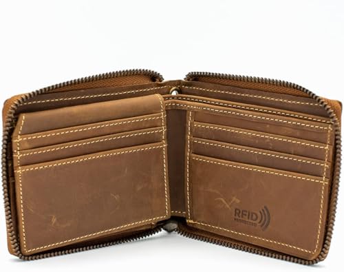 RFID Safe Leather Bi-fold Chain Wallet for Men Zip around Purse for Women Biker's Trucker YKK Metal Zipper Closure Filp up window ID (Vintage Brown without Chain)4