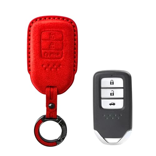 Image of KMH Alcantara Car Key Cover Compatible with Honda City, Civic, Jazz, Amaze, CR-V, WR-V, BR-V Models 3 Buttons Shell Case Holder Full Key Protector Smart Keycover with Keychain (D2) Red - Pack of 1