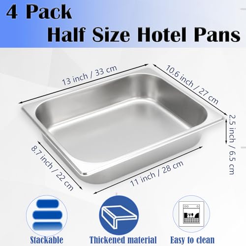 Nexboraque 4 Stück halbe Hotelpfanne, 1/2 Größe, 6,3 cm tief, Edelstahl-Dampftischpfanne, halbe Pfannen für Chafing Dishes, Panierschalen für Hotel, Party, Buffet, Catering-Zubehör