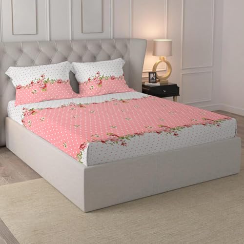 Image of LOOMLYFE 300 TC Cotton Feel Glace Cotton Elastic Fitted Printed King Size Double Bed Bedsheet with 2 Pillow Covers Fits Upto 8 inches Mattress, Size- 72X78 Inches, PinkCenterFlower