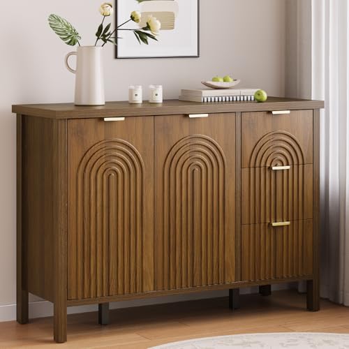 Curlaky Sideboard Buffet Cabinet with Storage - Fluted Accent Coffee Bar Cabinets Kitchen Credenza with Drawers & Doors, Wood Console Side Board with Adjustable Shelf for Living Room Entryway, Walnut