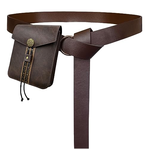 HiiFeuer Medieval Ring Belt with Vintage Belt Bag, Retro Renaissance Middle Ages Faux Leather Belt and Belt Pouch, Portable Side Pack Set for LARP Ren Faire