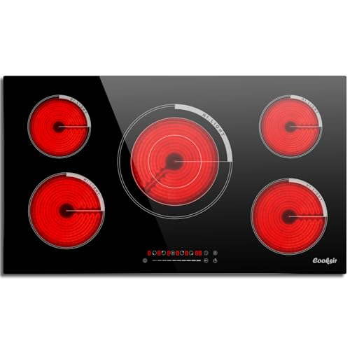 Cooksir 36 Inch Electric Cooktop - Built-in(34.25"x19.3") 36 Inch Electrical Stove 240V, 9200W Five Burner Ceramic Cooktop, Slide-Touch Control, Timer, Safety Lock, Electric Stovetop, 220V Hard Wired