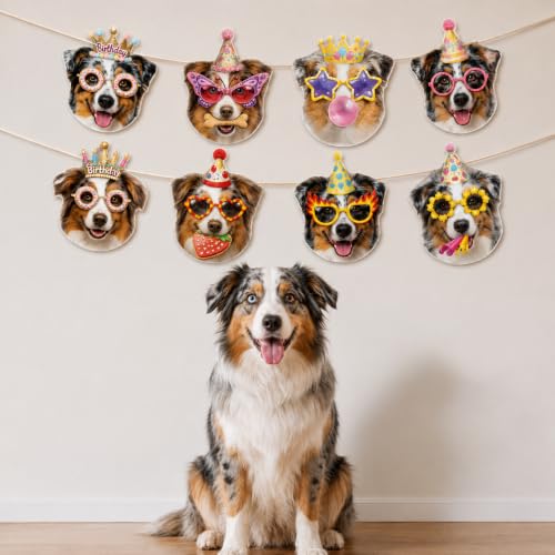 Image of Australian Shepherd Birthday Banner, Aussie Dog Party Decorations Garland | 8 Unique Aussie Faces, Pre-Strung & Ready to Hang , Perfect Photo Backdrop, Great Dog Mom Gift